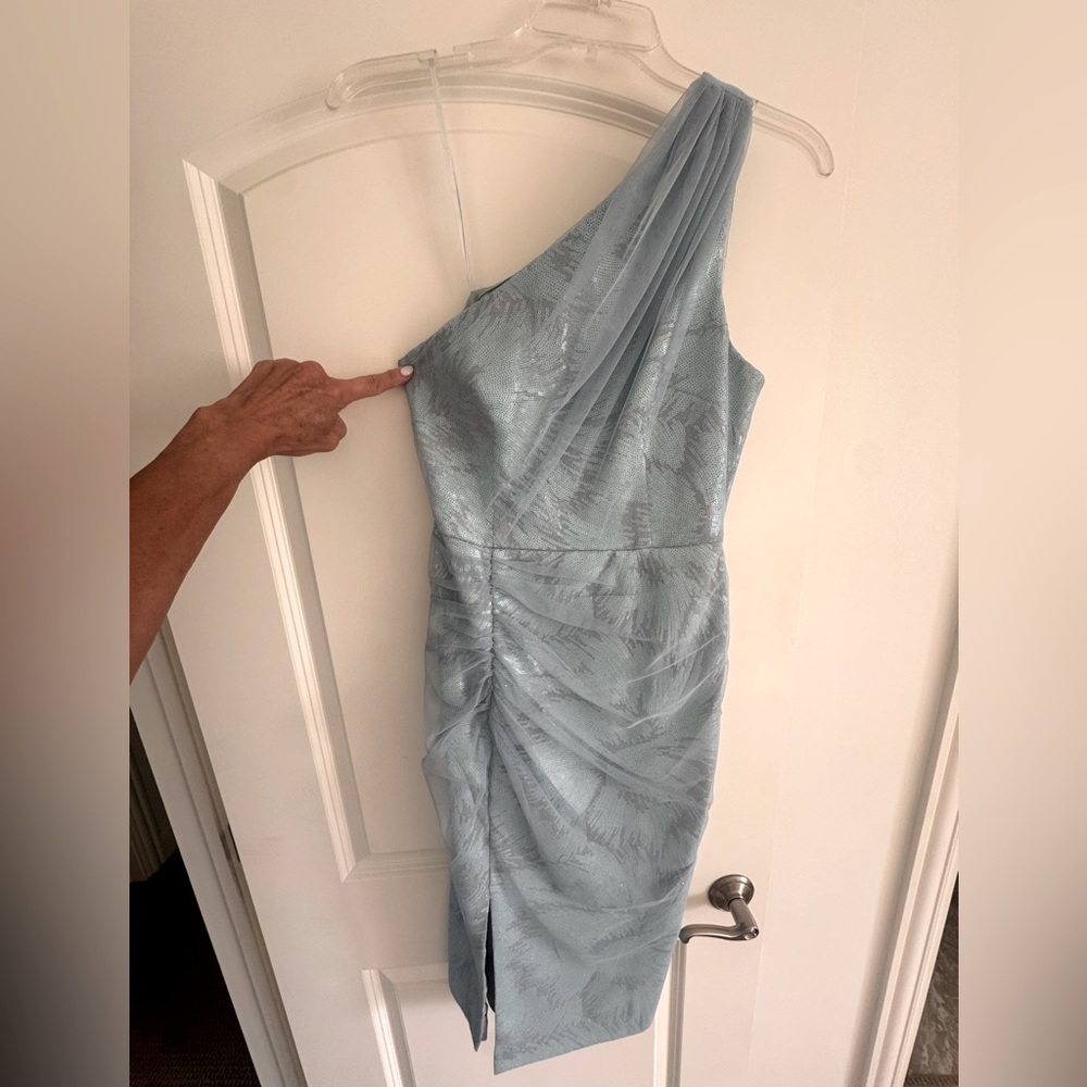 Aidan Mattox Blue Asymmetrical Ruched Sheath Dress